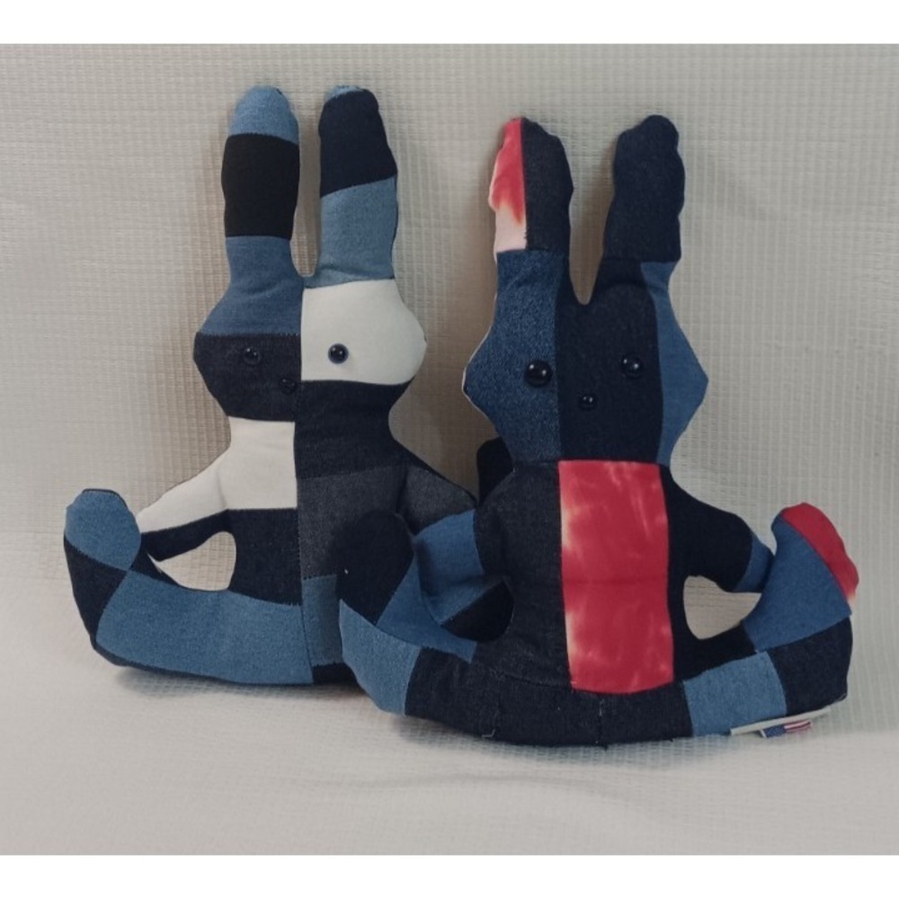 Handmade Patched Recycled Denim Stuffed Animal Rabbit Plush Bunny Doll Decor 14"